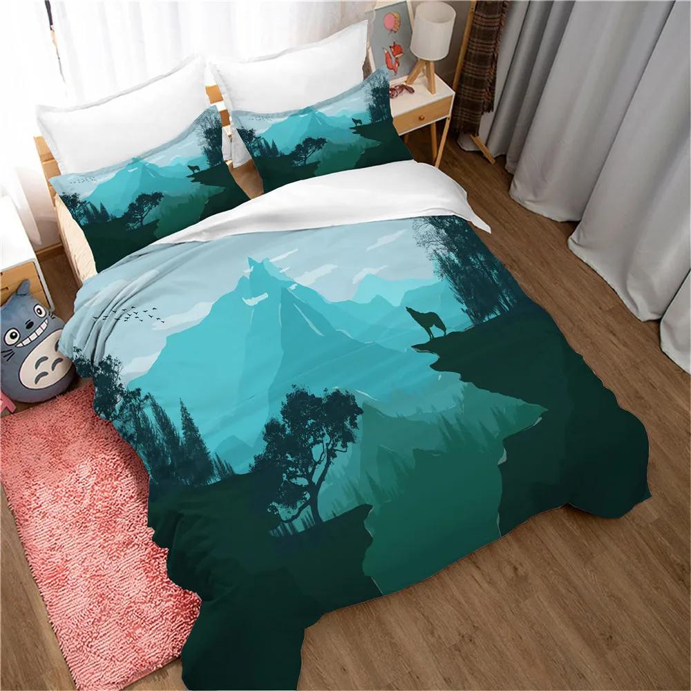 Mountain Duvet Cover Set Forest and Bright Moonlight Elk Landscape Mountain Bedding Set King Size Soft Polyester Comforter Cover