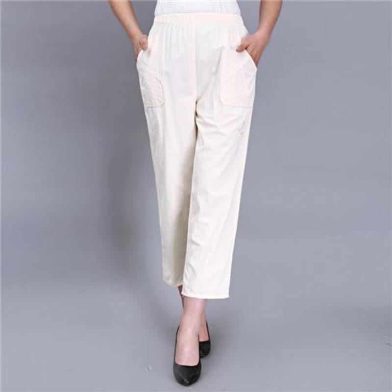 Women's Cropped Pants with Elastic High Waisted Cotton and Loose Fit for The Elderly In Summer