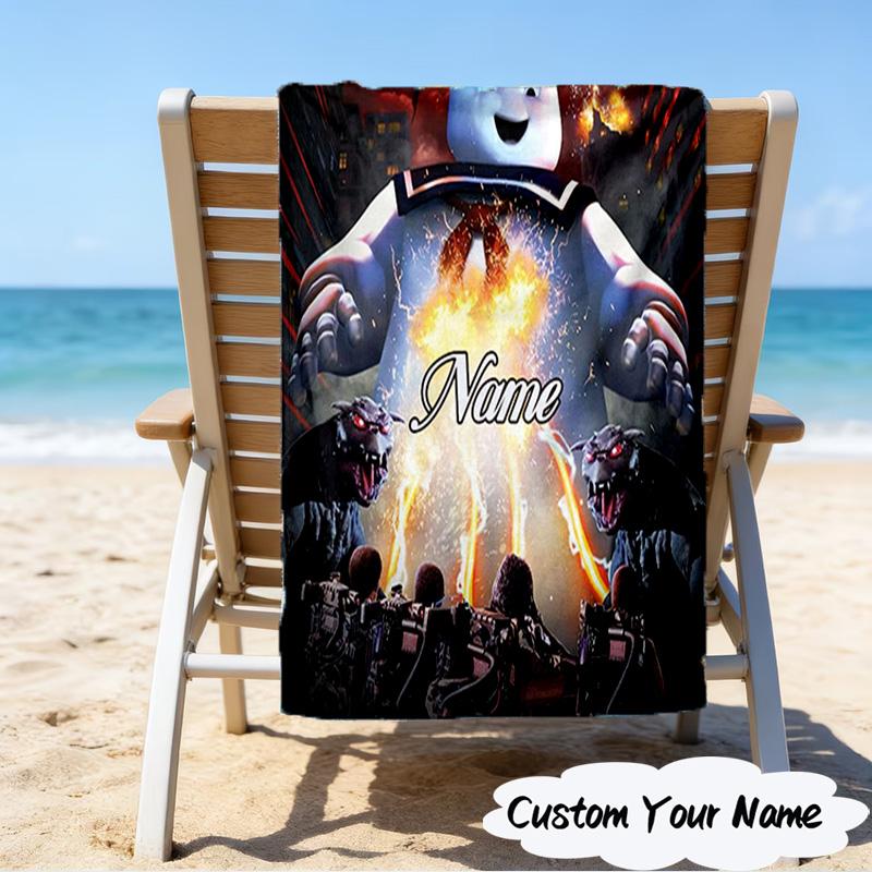 1PC Custom Name Beach Towel Ghost Marshmallow Man Beach Towel, Suitable for Camping, Travel, Beach Accessories, Super Absorbent, Family Gift
