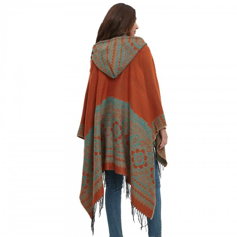 Womens Floral Jacquard Hooded Cape With Fringe Trim Warm Knit Shawl