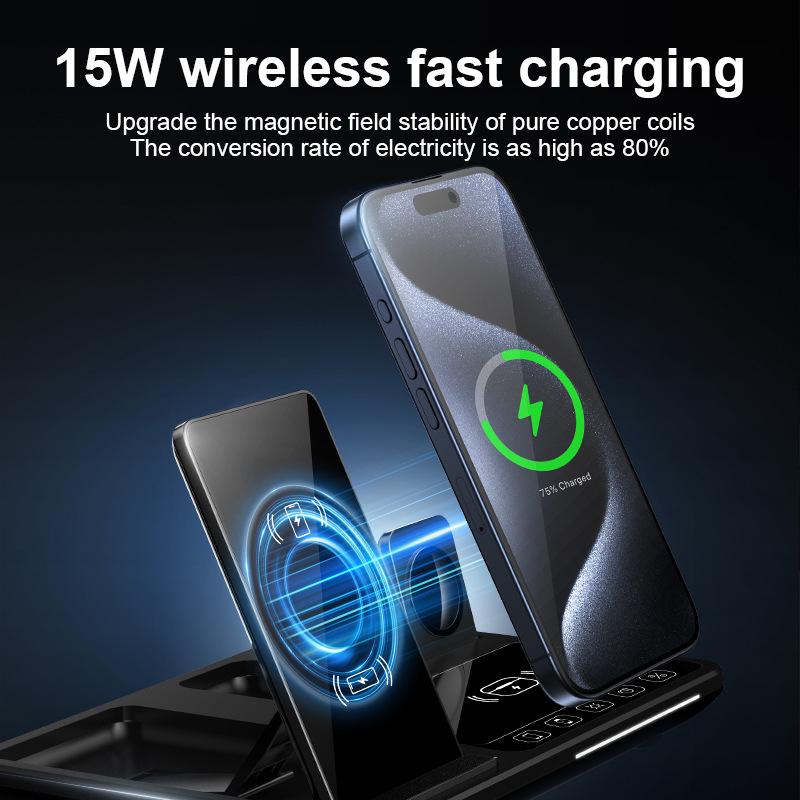 Wireless 4-in-1 Fast Charging Station: Auto Lifting, Folding Design for Phones, Watches, Earbuds, Desk Clock, and Lamp