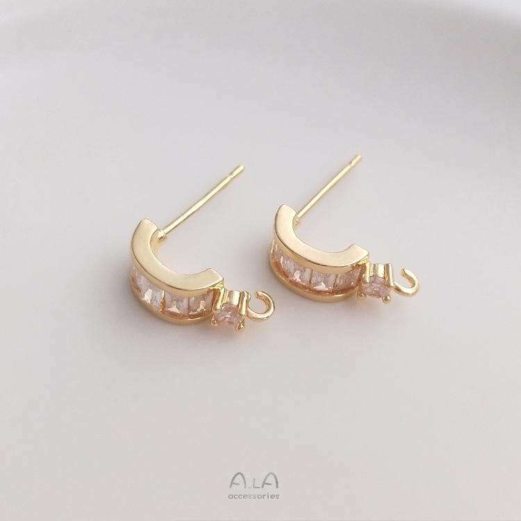 14K Gold-Filled Zircon C-Shaped Stud Earrings with Open Jump Ring and 925 Silver Posts