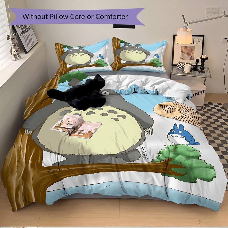 Totoro Freunde Wald Print 3-teiliges Bettwäsche-Set Bettbezug mit 2 Kissenbezügen Zuhause Geburtstagsgeschenk