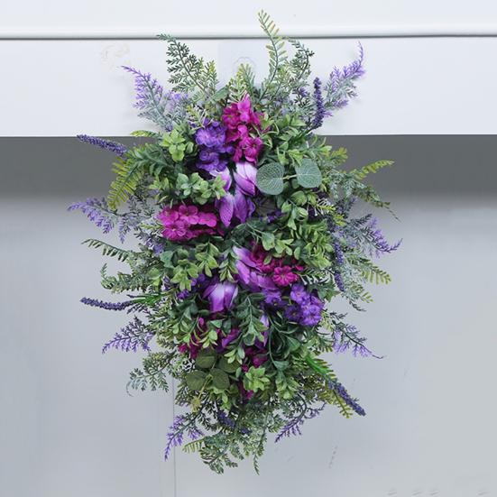 Purple Tulip Wreath with Hydrangea & Hyacinth Artificial Flower Lavender Garland Realistic Spring-Summer Floral Decor for Door Wall Home & Party