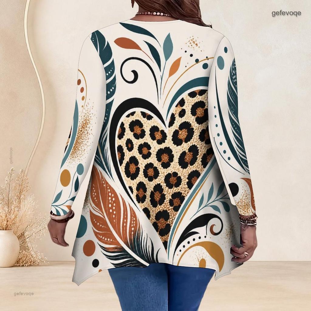 Women Plus Size V Neck Long Sleeve Printed Asymmetric Hem Flared Tunic Top