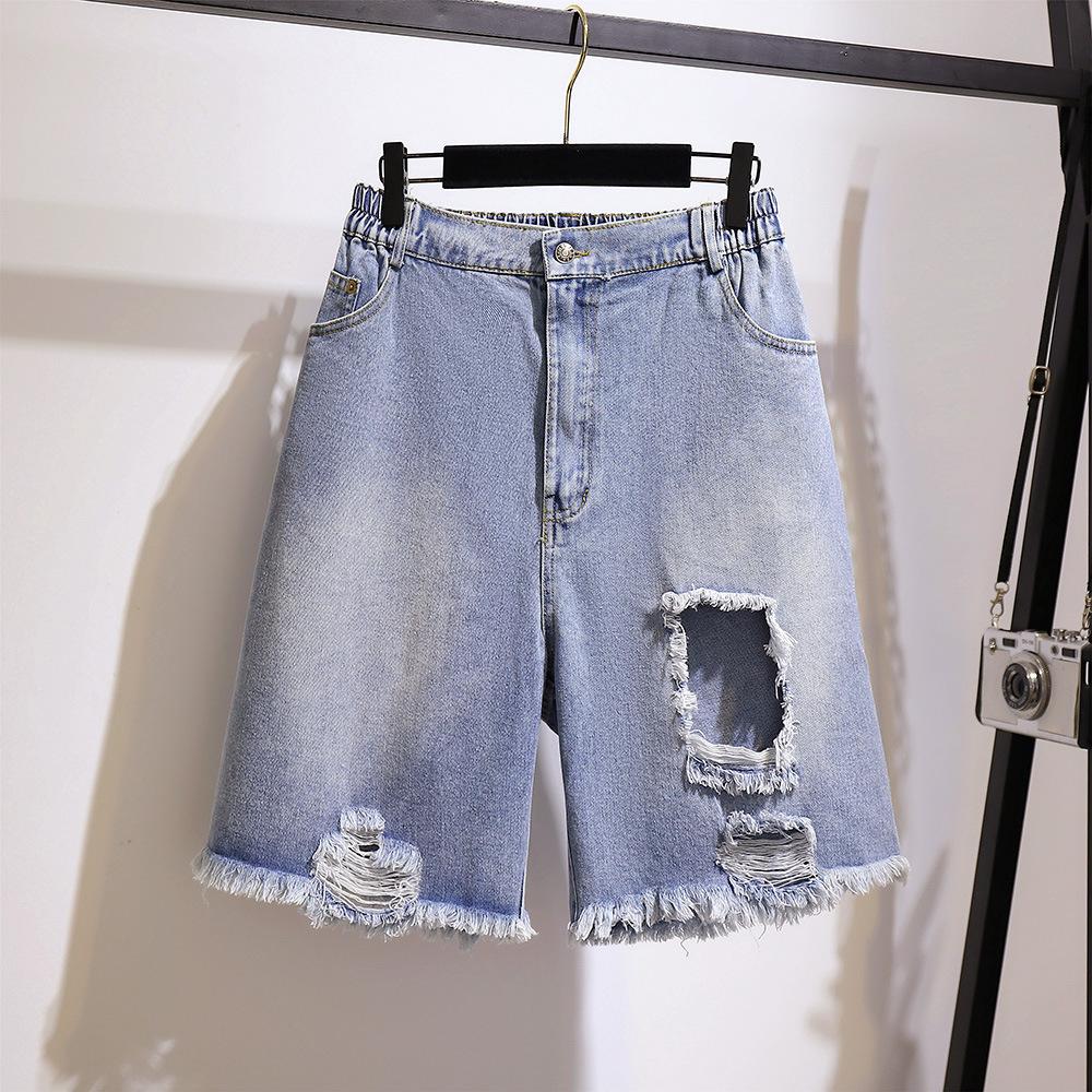 

Летние джинсовые шорты больших размеров для женщин, большие свободные повседневные синие прямые шорты с эластичной резинкой на талии, широкие брюки в стиле ретро 2XL