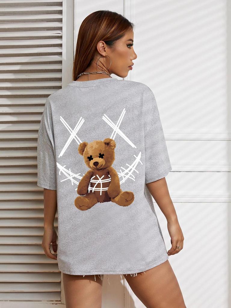 Ein Stoffbär mit einem Verbanddruck T-Shirts Damen Lässig Weiche Oberteile Mode Cooles T-Shirt Kleidung Straße Sommer Kurze Ärmel