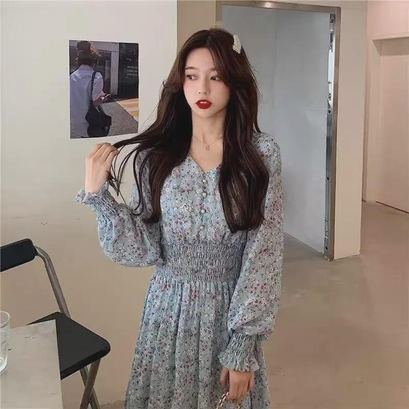 2024 Floral Chiffon V-Neck Dress: High-Waisted, Long-Sleeve, Waist-Cinching Korean Style for Spring and Autumn
