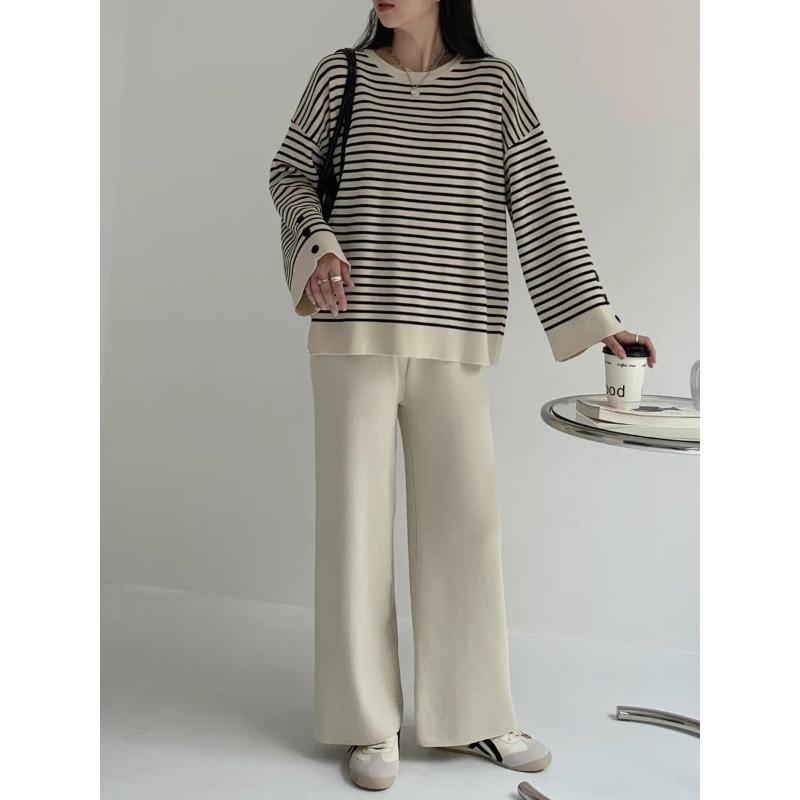 Korean Casual Suit Women's Autumn and Winter Women's Clothing Striped Top Casual Wide-leg Pants Fashion Temperament