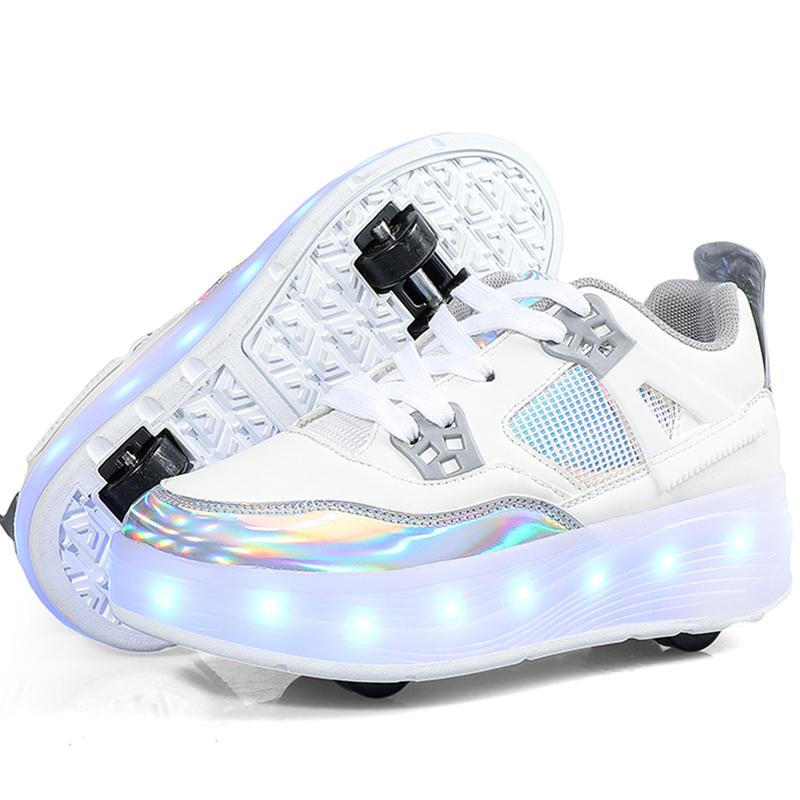 

Дитячі роликові ковзани Знімна плоска зарядка LED Чотири колеса Світяться Спортивне взуття Рожеві жіночі кросівки, що світяться 41 білий