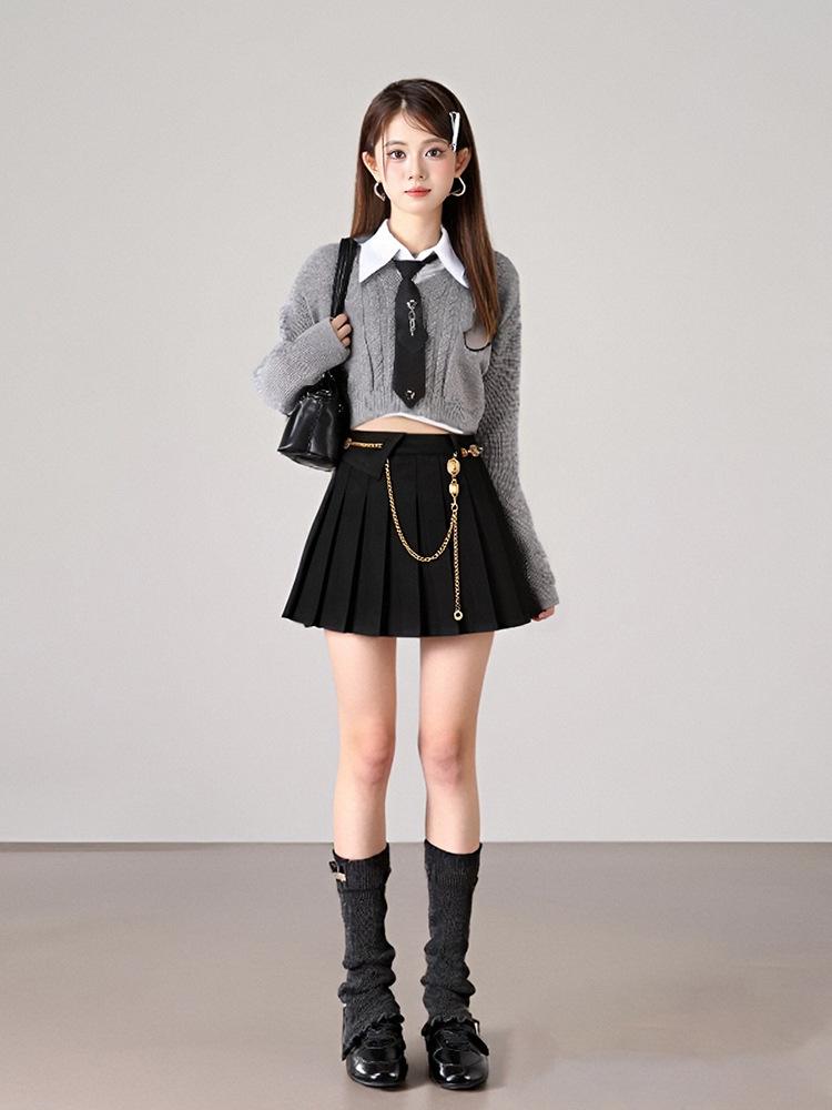 2025 Slimming Woolen Pleated Half Skirt with Waist Chain