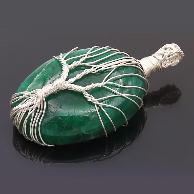 Emerald Gemstone Necklace Sterling Silver Pendant Wire Wrapped Emerald Jewelry