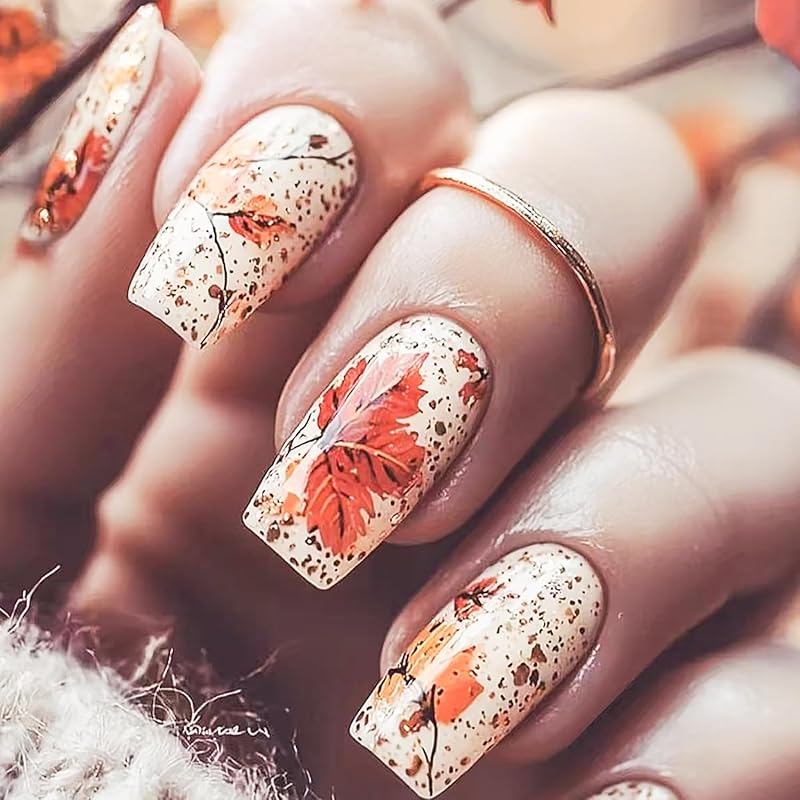 Fall Press on Nails Long Ballerina Coffin Nails Thanksgiving Maple Leaf Acrylic Glue on Nail Glossy Autumn Gold Maple Leaves Fake Nail for Women DIY