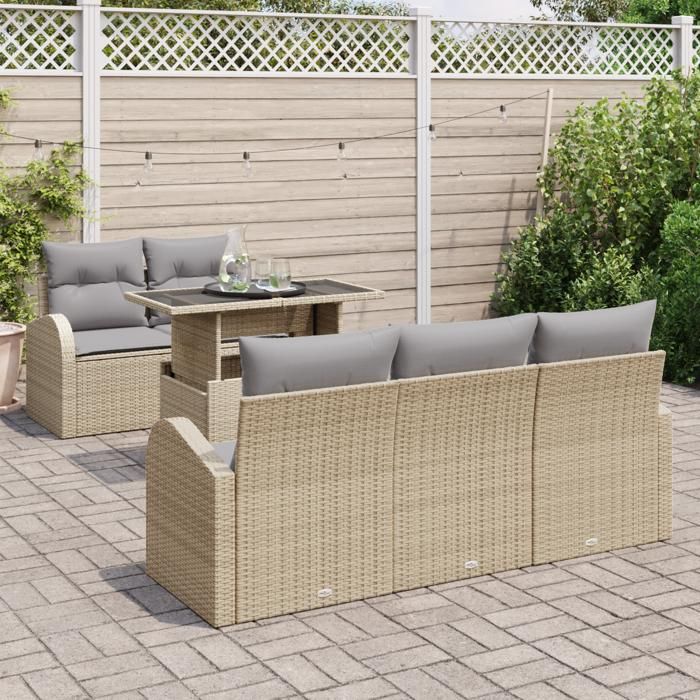 Ensemble de Canapés de Jardin 6 pièces avec Coussins Beige en Rattan Poly, Canapé de Jardin 2 places avec Rangement &amp; 3357293
