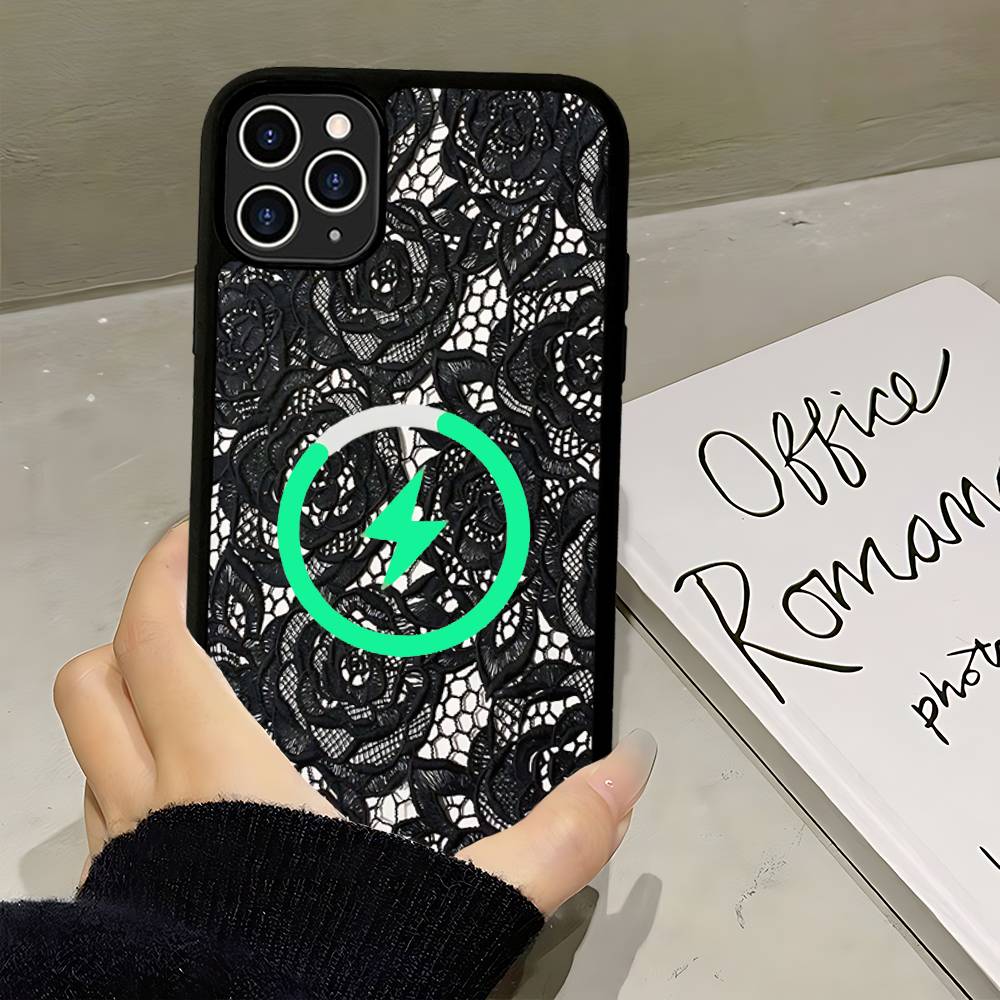 Black Lace Pattern Personalized Mobile For Magsafe Magnetic Case For IPhone17Air 16 15 14 13 12 11Pro Max Plus Wireless Charging