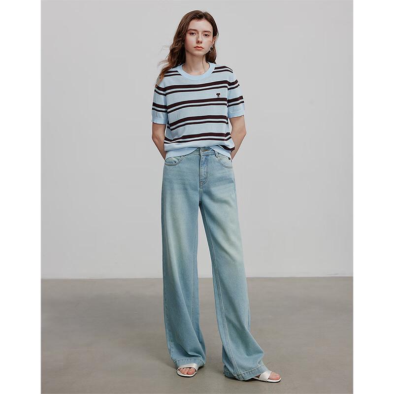 Chuyu Women's 2025 Summer Ice-Cool Striped Embroidered Knit Top