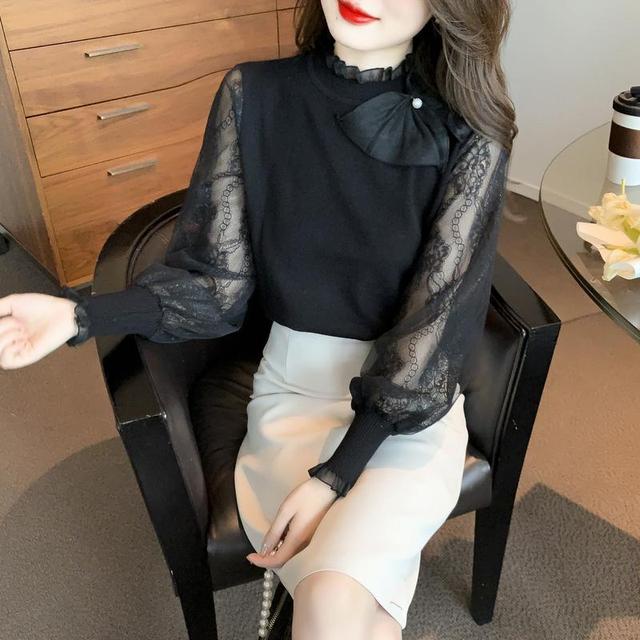 

Темпераментный прядильный кружевной свитер с рукавами-фонариками, вязаный свитер с воротником-стойкой, топ с рюшами, женский трикотаж с длинными рукавами XXXL чёрный