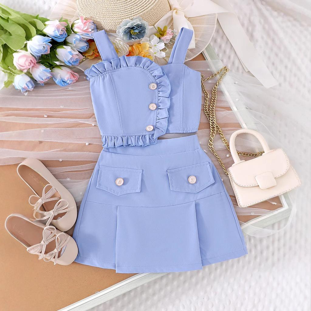 Girls' Sweet Set Summer Children's Fashion Solid-color Strappy Top + Short Skirt Set