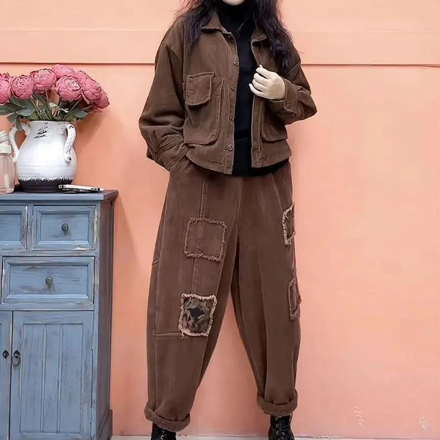 

Женский зимний вельветовый комплект из 2 предметов с добавлением бархата, плюшевый утолщенный теплый повседневный пиджак + одежда для снега, брюки гаремы, наряды 3XL