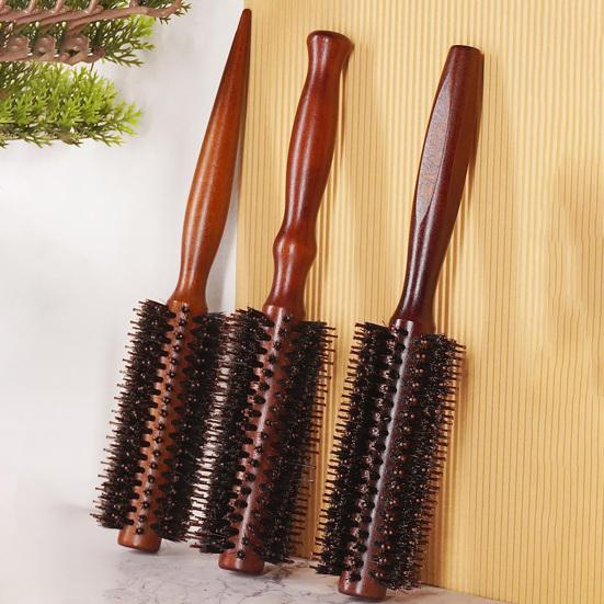 Boar Bristle Round Hair Brush Ergonomic Wooden Handle Men Women Hair Straightening Curling Volumizing Detangling Styling Comb