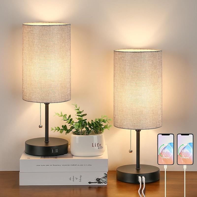 Lakumu Set of 2 Table Lamps with 2 USB Ports, Modern Bedside, Desk Lamps with Pull Chain, Nightstand Lamps with Cream Fabric Shade and Oak Metal Base