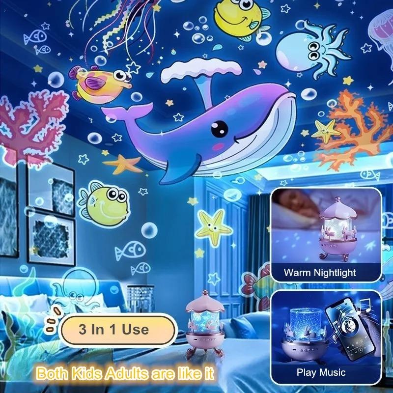 LED Star Projector Night Light with Bluetooth Speaker 6/21 Films Kawaii Ocean Projection Lamp for Kids Baby Bedroom Decor Gifts