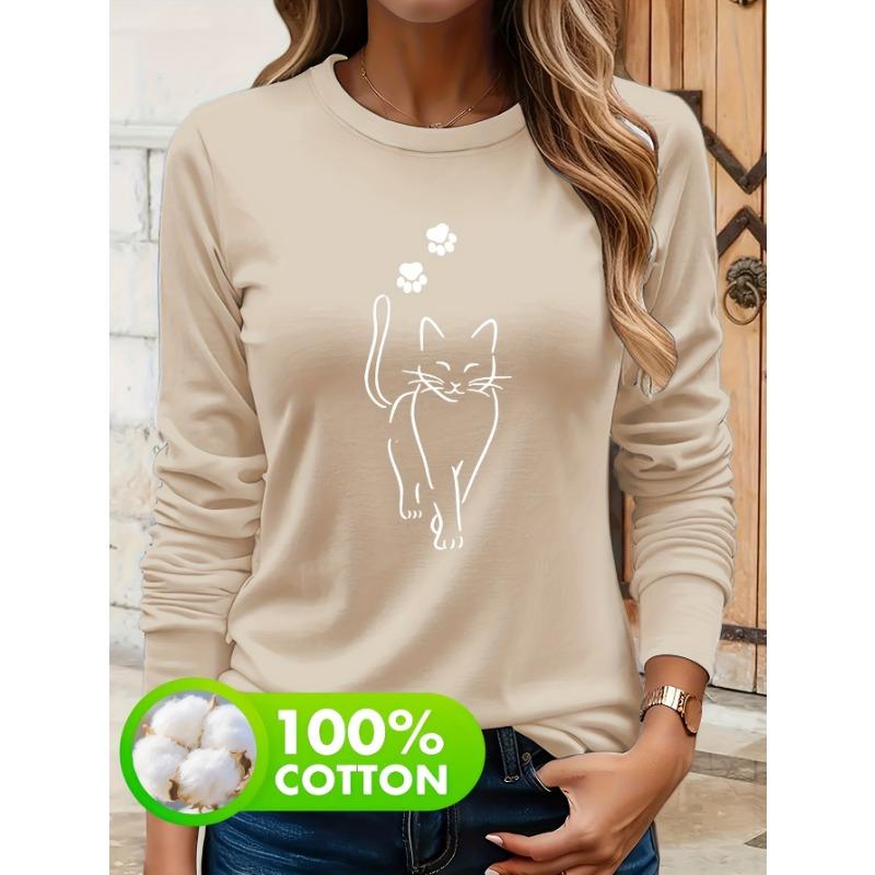 Women's spring and autumn comfortable casual fashion long sleeved cat graphic printed round neck T-shirt