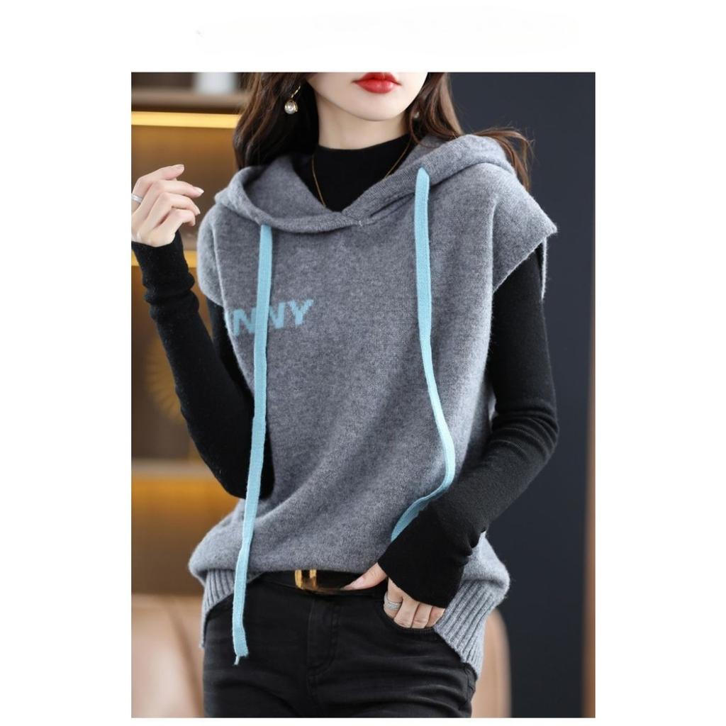 Ermeløs hettegenser, Dame Høst og Vinter Løstsittende Hettegenser Strikket Basegenser