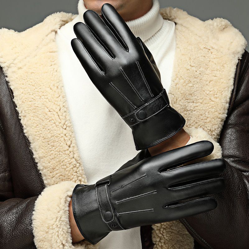 Leather Gloves Men Waterproof Touch Screen Autumn and Winter Washed Leather PU Leather Velvet Warm Driving Cycling Motorcycle