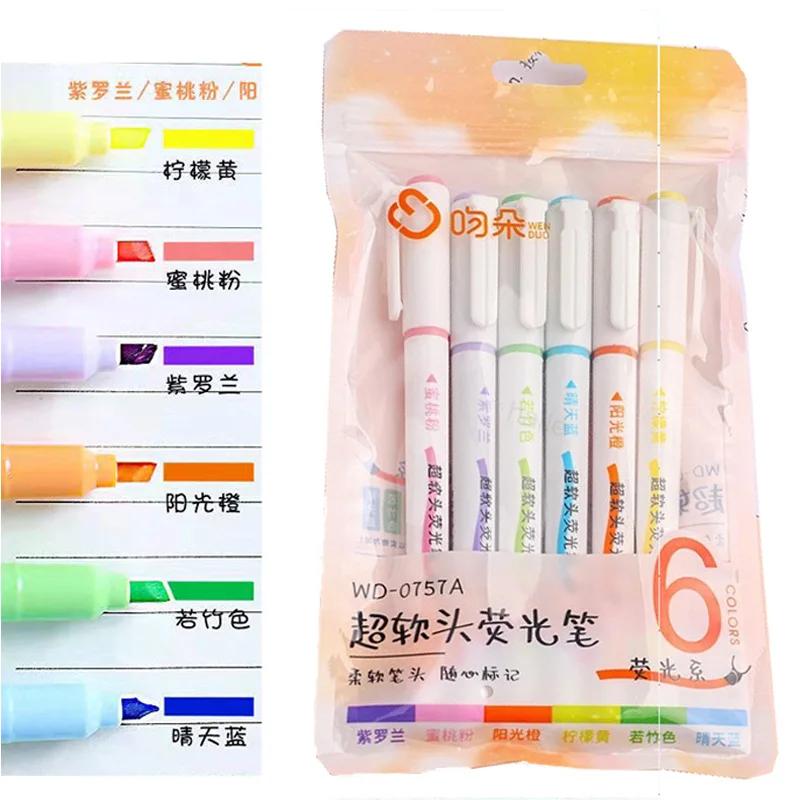 Zestaw 6 szt. Miękka Końcówka Kolory Makaronowe Zakreślacz Kawaii Markery Długopisy DIY Album na Zdjęcia Dziennik Fluorescencyjny Kolekcja Japońskie Artykuły Papiernicze
