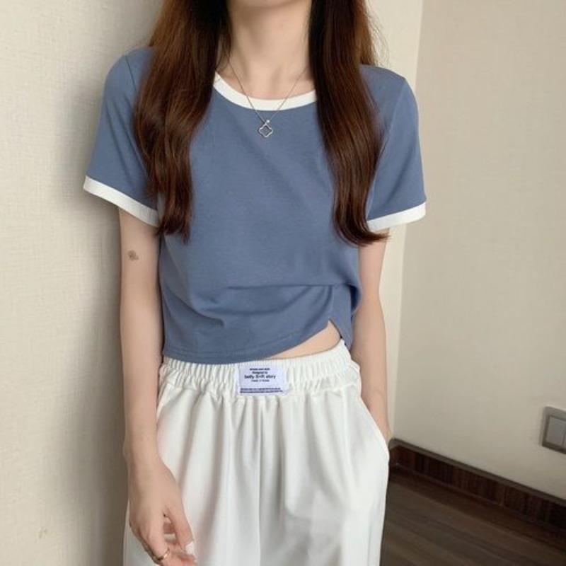 

Contrasting Color Round Neck Short-sleeved Shirt Women s New Summer Bottoming Shirt Korean Version Slim-fitting Short Student Top Tide XL синій