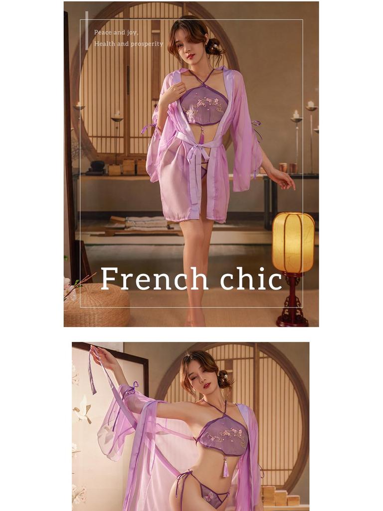 Elegant Ancient Style Embroidered Lingerie - Sexy Transparent Quick Release Exotic Dancer Flirting Set