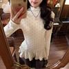 Korean Sweet Slimming Polka Dot Ruffle Top: Women's Long-Sleeve, Half-High Collar, Spring Collection.