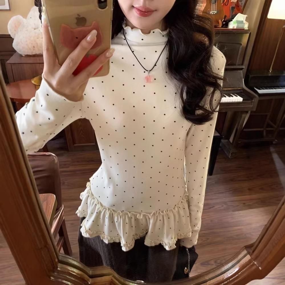 Korean Sweet Slimming Polka Dot Ruffle Top: Women's Long-Sleeve, Half-High Collar, Spring Collection.