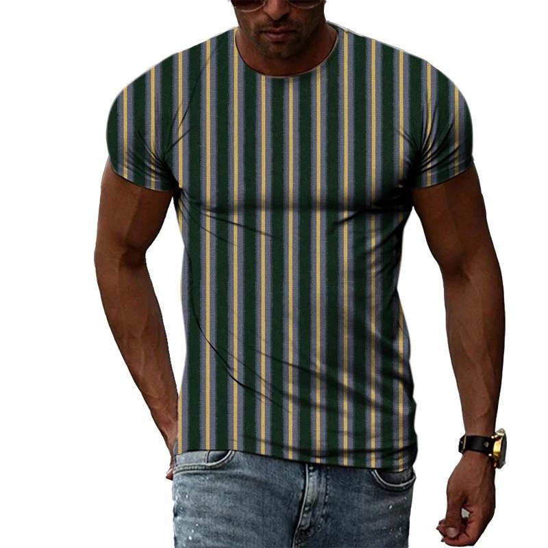 Fashionable New Vertical Stripe Pattern Men's T-shirt Casual Personality Cool Printed Short Sleeved Minimalist O-neck Top