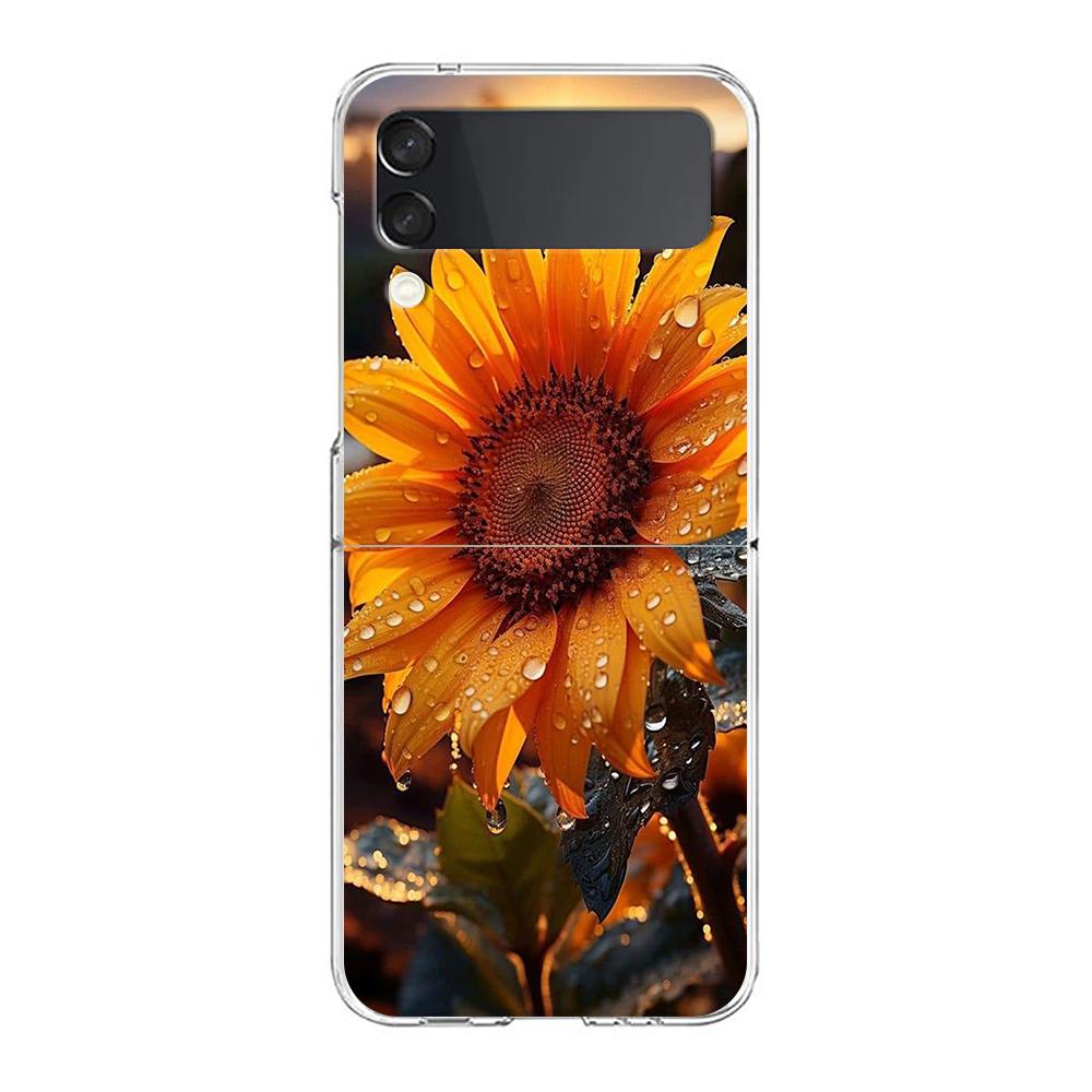 Phone Case For Samsung Galaxy Z Flip 3 4 5 Hard Folding Clear PC Bumper Beauty Flowers Leaves For Samsung Z Flip 6 Back Cover
