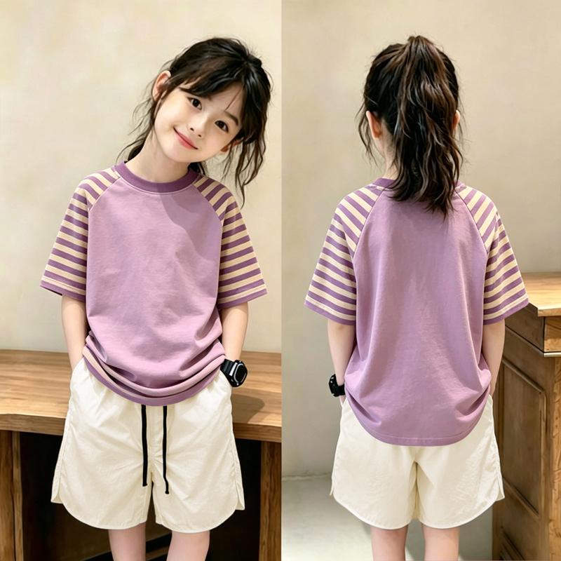 Girls' Striped Cotton T-Shirt & Shorts Set for Ages 6-12 – Summer Loose-Fit Two-Piece Outfit