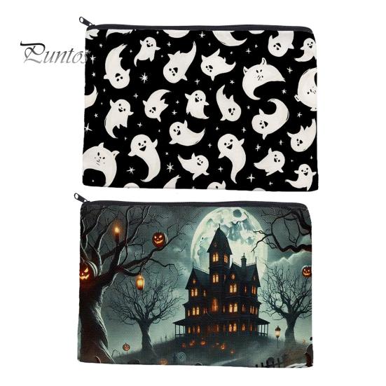 Large Capacity Pencil Bag Storage Bag, Halloween Pattern Print, Durable Canvas Zippered Clear Print Cosmetic Organizer Travel Toiletry Case,