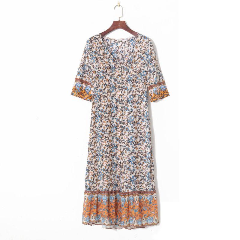 

2023 Fall Women s Clothing Fashion K-style Fresh Print Elegant V-neck Single Breasted High Waist Shoelace Slim Looking Dress Print S