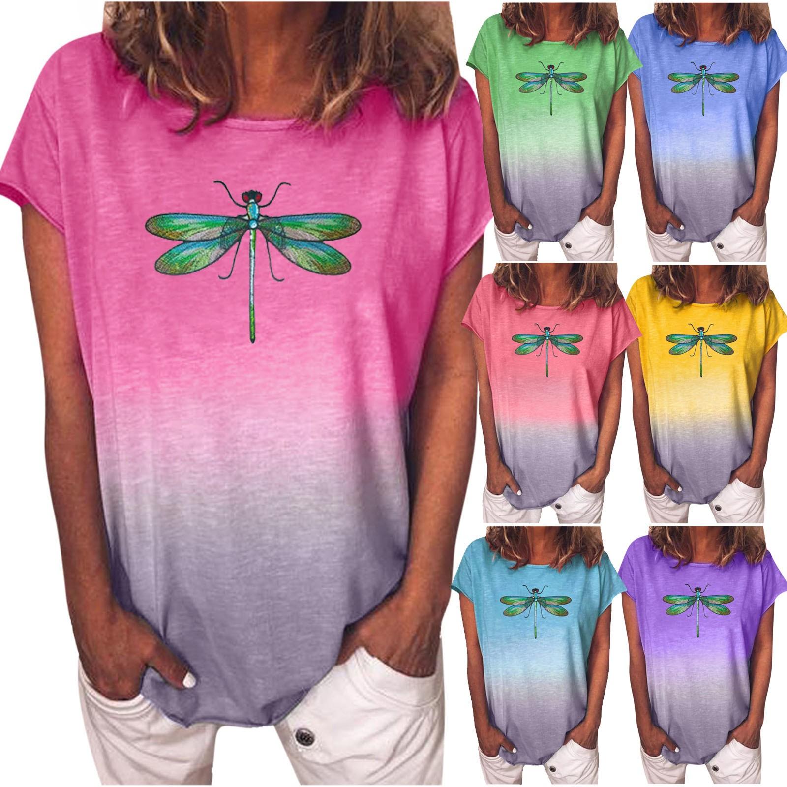 

2021 Новая женская футболка с коротким рукавом и круглым вырезом с радужным градиентным принтом, 2021