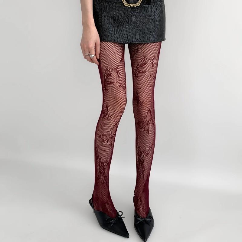 Women Sexy Fishnet Stockings With Butterfly Flower Patterns Costumes Uniform Maillard Color Scheme New Style Hollow Mesh Tights