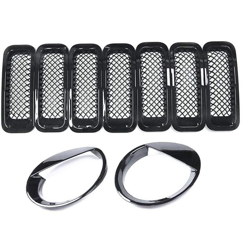 9Pcs Front Grille Grill Mesh Grille Ert Kit + Style Headlight Lamp Cover Trim For Jeep Patriot 2011-2016