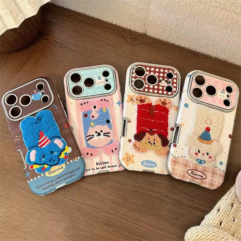 Cartoon Embroidery Plush Animals Leather Texture Phone Case For iPhone 17 13 14 15 16 12 11 Pro Max Plus Shockproof Soft Cover