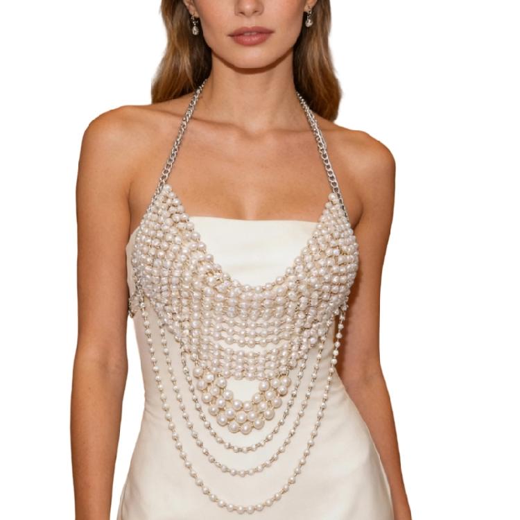 Pearls Body Chain Bra Multilayer Pearls Chest Chain Body Accessories Jewelry for Women Girls Nightclub Raves Body Jewel