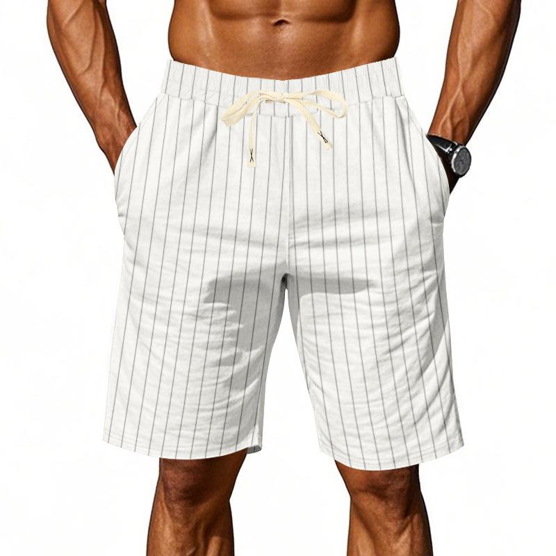 Herren S Leinen Lockerer Schnitt Gestreift Kordelzug Knielang Sommer Shorts