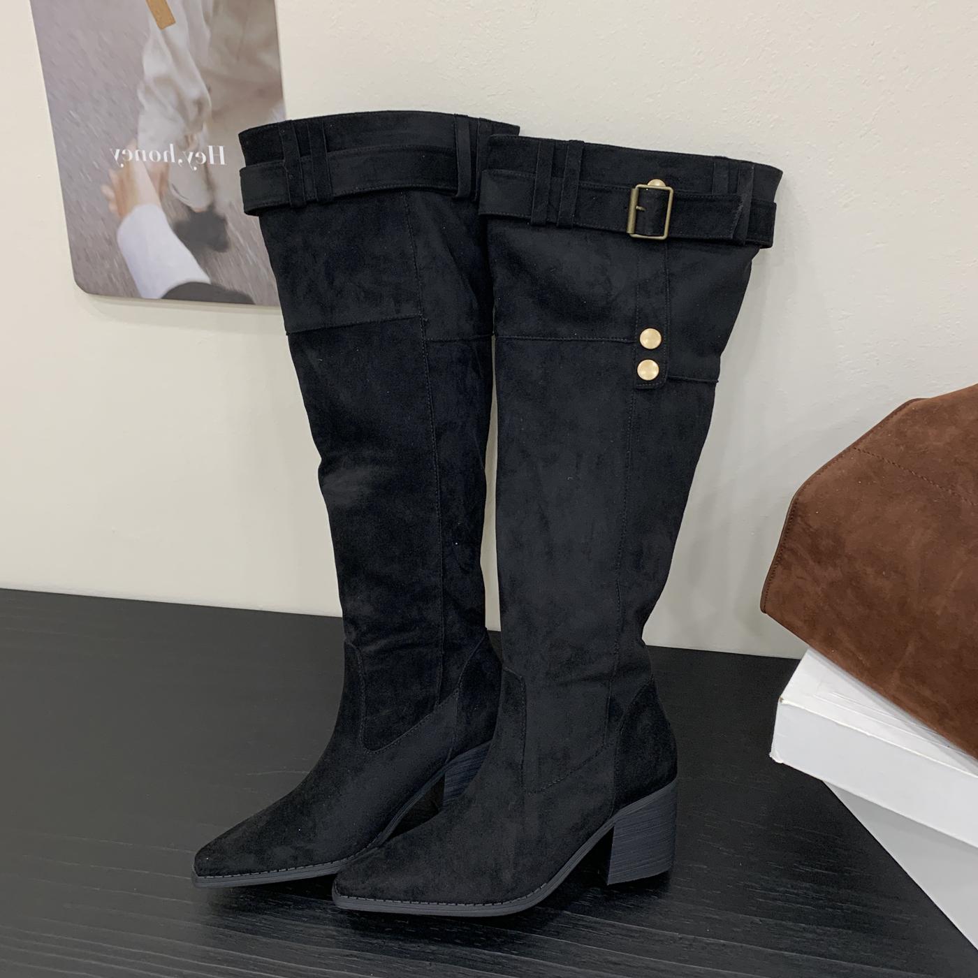 

Fashion Eilyken Winter Designer Belt Buckle Women Knee High Boots Fashion Pointed Toe Square Heels Long Booties Largas Mujer 35 чёрный