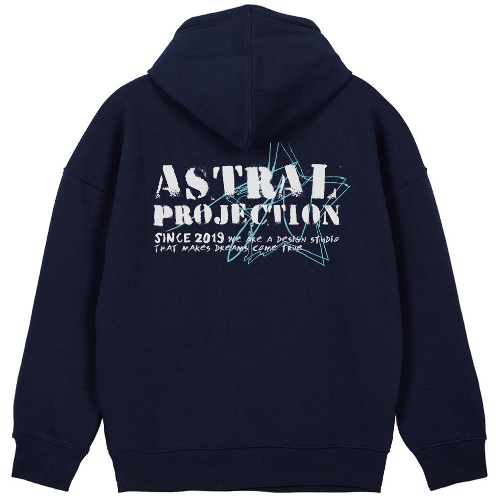 Astral Projection Vintage Lettering Oversized Wide Shoulder Hoodie_Navy L