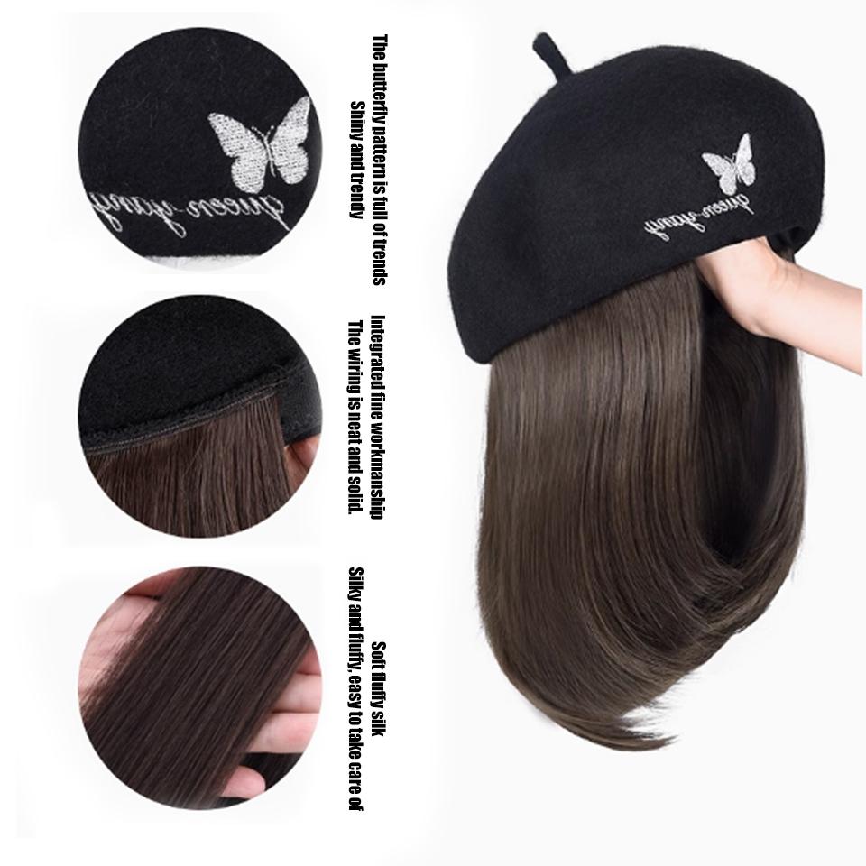 WTB Hat Wig Integrated Synthetic Wig Female Autumn And Winter Embroidery Butterfly Beret Clavicle Hair Straight Hair Hat Wig