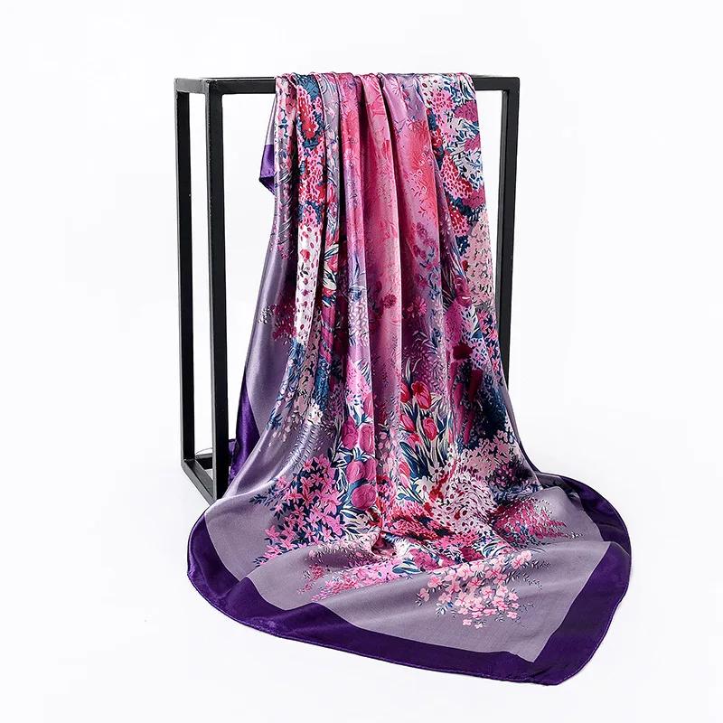 90cm Square Shawls Women Hijab Scarf For Hair Fashion Print Kerchief Neck Scarves Female Silk Satin Bag Scarfs For Ladies Banada