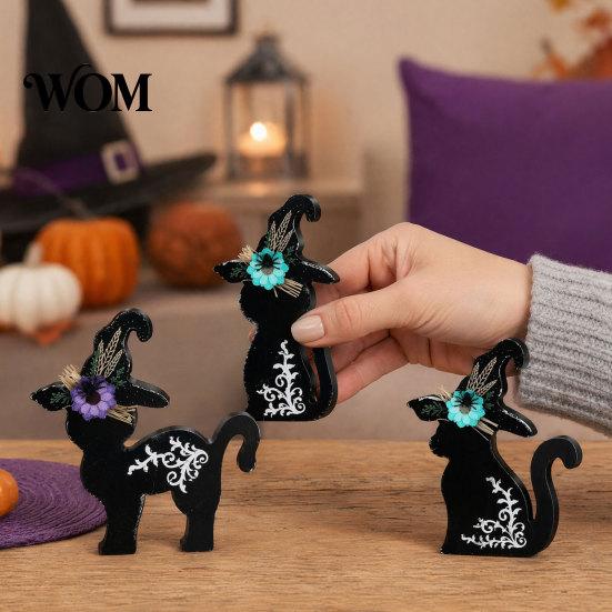 Halloweenské dekorace 3 ks Dekorace, Černá kočka Duch Klobouk čarodějnice Stolní dekorace, Strašidelné rustikální farmářské dřevěné středové dekorace pro domácí kancelář Víceúrovňový podnos
